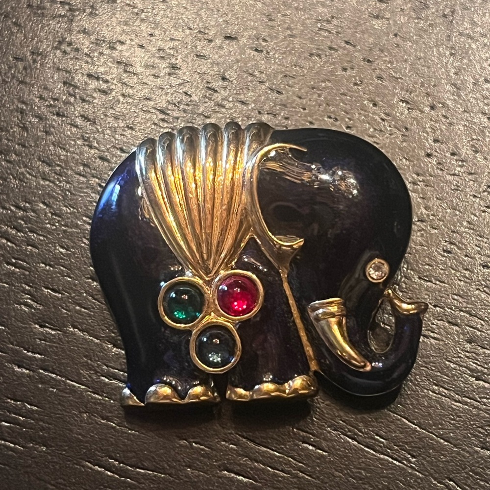 Vintage Metallic Blue Enamel Elephant Brooch with Gem Accents